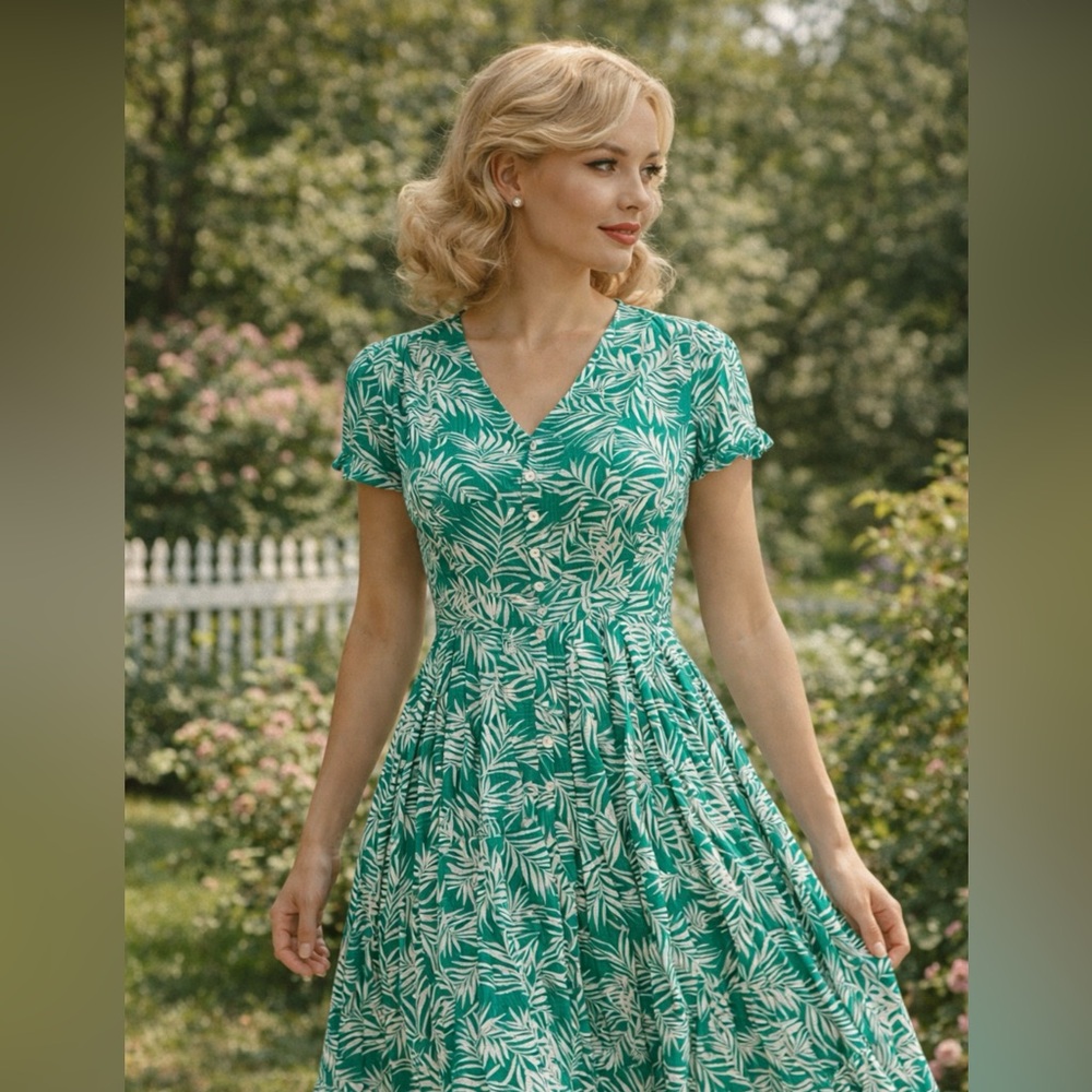 Long summer dress in green and white leaf pattern